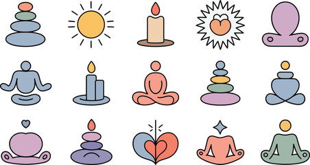 Yoga and meditation set with various illustrations of meditating people stacked stones candles and sun