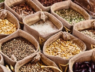 Various legumes, chickpeas, green peas, red lentils, canadian lentils, indian lentils, black...
