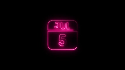 Neon Calendar July 5 Pink Glowing Date Night Black Background
