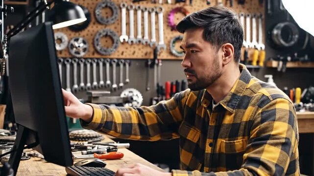 Asian man working on a computer in a workshop surrounded by tools.
