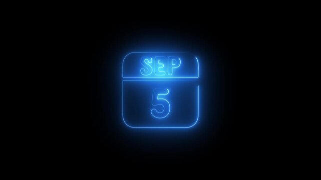Glowing Blue Calendar September 5th Neon Sign on Black Background