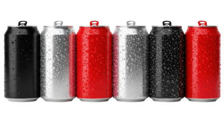 six empty aluminum soda cans in matte black, silver, and bright red, alternating dry pristine finishes and heavy crystalline condensation, isolated on white. concept for beverage advertising