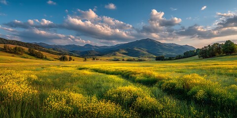 Breathtaking beautiful landscape featuring a flower field with majestic mountains in the background