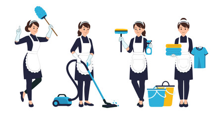 Professional housemaid characters performing various cleaning tasks including dusting, vacuuming, window washing, and handling laundry.