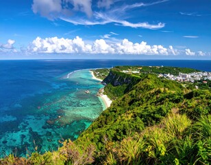 Lush green cliff overlooking turquoise waters, a white beach, and towns