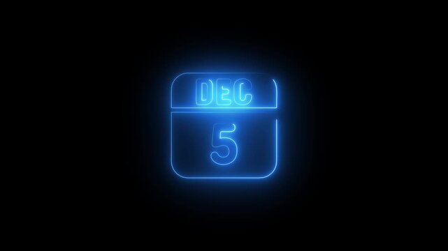Glowing Blue Neon Calendar December 5th Date on Black Background
