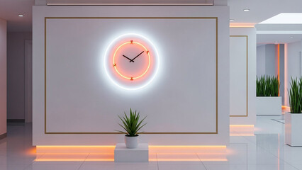 Modern office interior with neon clock and green plants