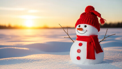 Adorable snowman in red hat and scarf at sunset
