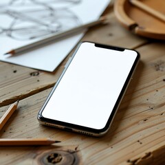 White blank phone on artist's wooden desk with sketch pencils and paper, showcasing a creative workspace where digital and traditional art tools merge