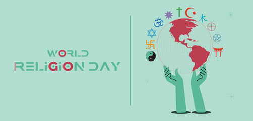 Global Hands Hold Earth: World Religion Day Celebration With Diverse Faith Symbols and Unity