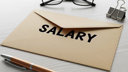 Salary envelope on office desk with pen and glasses