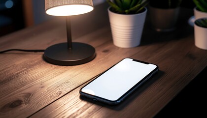 Illuminated smartphone on a dark wooden desk, creating a cozy nighttime ambiance with a desk lamp