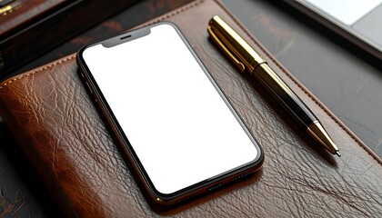 High-end smartphone with a blank white screen on a professional leather desk, perfect for corporate technology mockups, modern digital communication, and executive business concepts