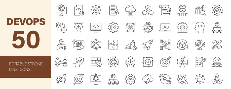 DevOps icon set. Software development and operations icon collection. Editable line icons. Vector illustration.