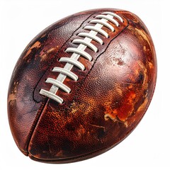 Heavily worn, leather, oval ball with white laces. Shows age and wear