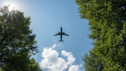 Airplane soaring through clear blue sky with lush green trees