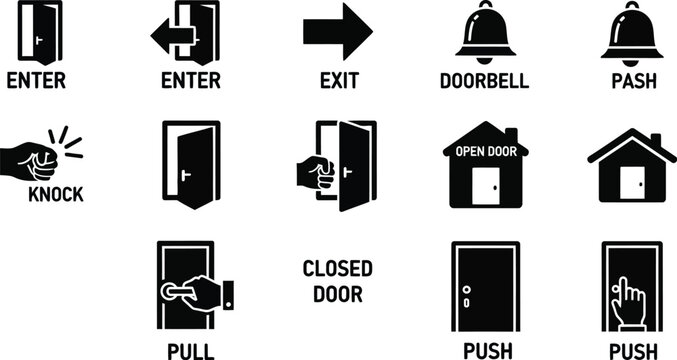 Collection of black and white vector icons illustrating various essential door operations including enter exit knock push pull and doorbell alerts for navigation signage