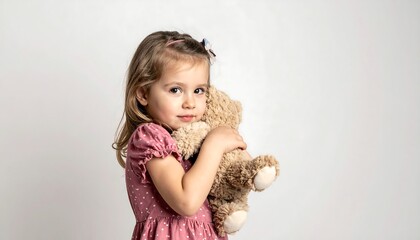 A young girl with a teddy bear looking at the camera.