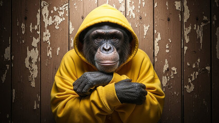 Chimpanzee in yellow hoodie looking contemplative