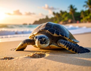 Close-up of a sea turtle on a sandy beach at sunset