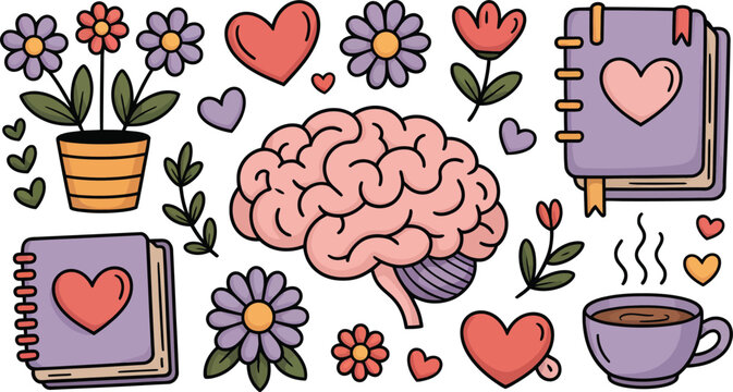 Mental health and self care vector elements with human brain hearts flowers books and coffee cup on transparent background