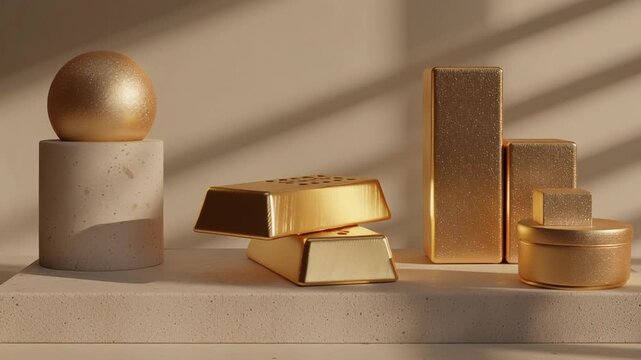 A collection of gold objects, including a ball. Physical wealth represented by gold, gold objects with subtle shadows highlighting mass and presence, clean commercial style, tangible asset gold