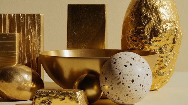 A collection of gold objects, including a bowl. Physical wealth represented by gold, gold objects with subtle shadows highlighting mass and presence, clean commercial style, tangible asset gold