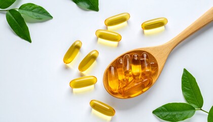 Omega-3 Fish Oil Capsules with Wooden Spoon and Green Leaves.