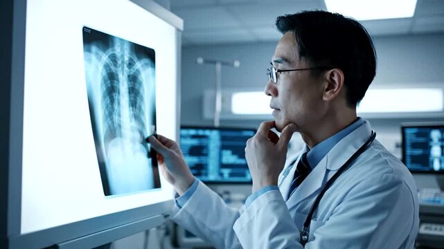 Asian doctor examining a chest x-ray in a hospital setting.