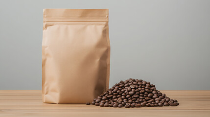 Coffee bean pack brown bag mockup with roasted coffee bean pile on wooden table