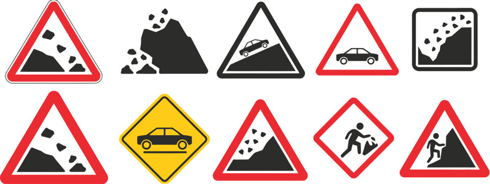 Landslide and falling rocks warning sign, debris hazard caution symbol, triangular road safety icon, dangerous terrain alert illustration, protective safety signage for highways