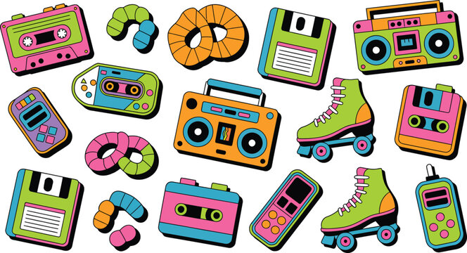 Set of retro 80s and 90s vintage items including cassette tapes, floppy disks, boomboxes, and roller skates on transparent background