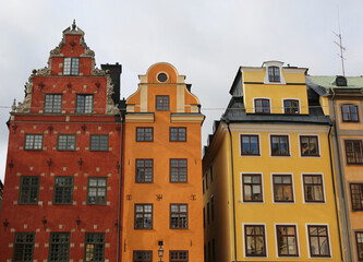 Close up of Colorful Historic Homes of Gamla Stan in Stockholm, Sweden