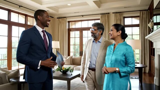 Real estate agent showing a couple a luxury home, discussing features and benefits.