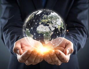 Man in suit holding a digital Earth globe, light emanating from below