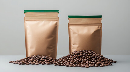 Coffee bean pack brown pouch mockup with roasted coffee bean table, minimal style, neutral