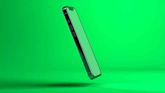 3D render of a modern smartphone with a blank screen floating on a solid green background, mobile device mockup for app interface display and digital marketing