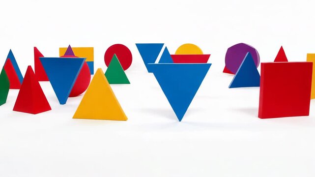 Colorful geometric shapes in circular motion on white background with dynamic perspective shift
