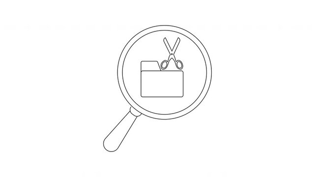 A magnifying glass focuses on a folder with scissors all depicted in black lines