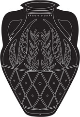 An elegant vintage ancient Greek amphora with a black pattern design stands like a mannequin showcasing the beauty and style of summer fashion apparel