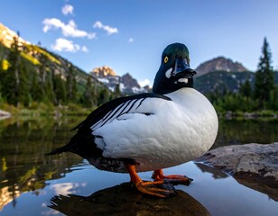 Fototapeta premium Close-up of a striking duck with vibrant colors, scenic background