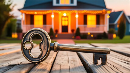 House key in front of home representing real estate ownership
