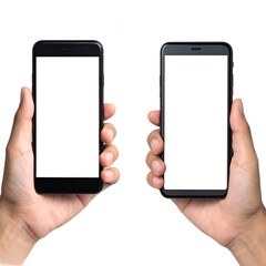 Two hands each hold a smartphone, screens blank, isolated on white