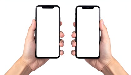 Two smartphones with blank screens held by human hands, white background