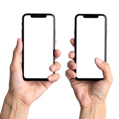 Two smartphones with blank screens held up by two hands, isolated (2)