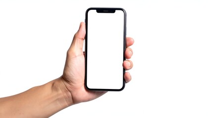 Hand holding a black rectangle smartphone with blank white screen