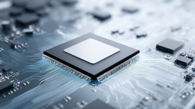 Close-up view of a computer processor on a circuit board, showcasing intricate details of technology and design, emphasizing the concept of maintenance and innovation in computing - Powered by Adobe