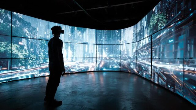 Man wearing virtual reality headset standing in front of large panoramic screen array displaying a futuristic digital city, immersive technology experience and metaverse concept