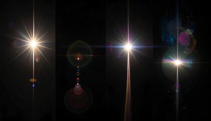 Four starburst light effects, various colors, floating in a black space