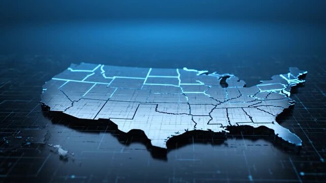 A metallic map of the USA, outlined by glowing blue lines, on a dark grid